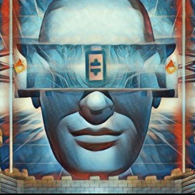 Portrait of the Thetaclops: a blue face behind a Theta univisor, flanked by TFUEL flames