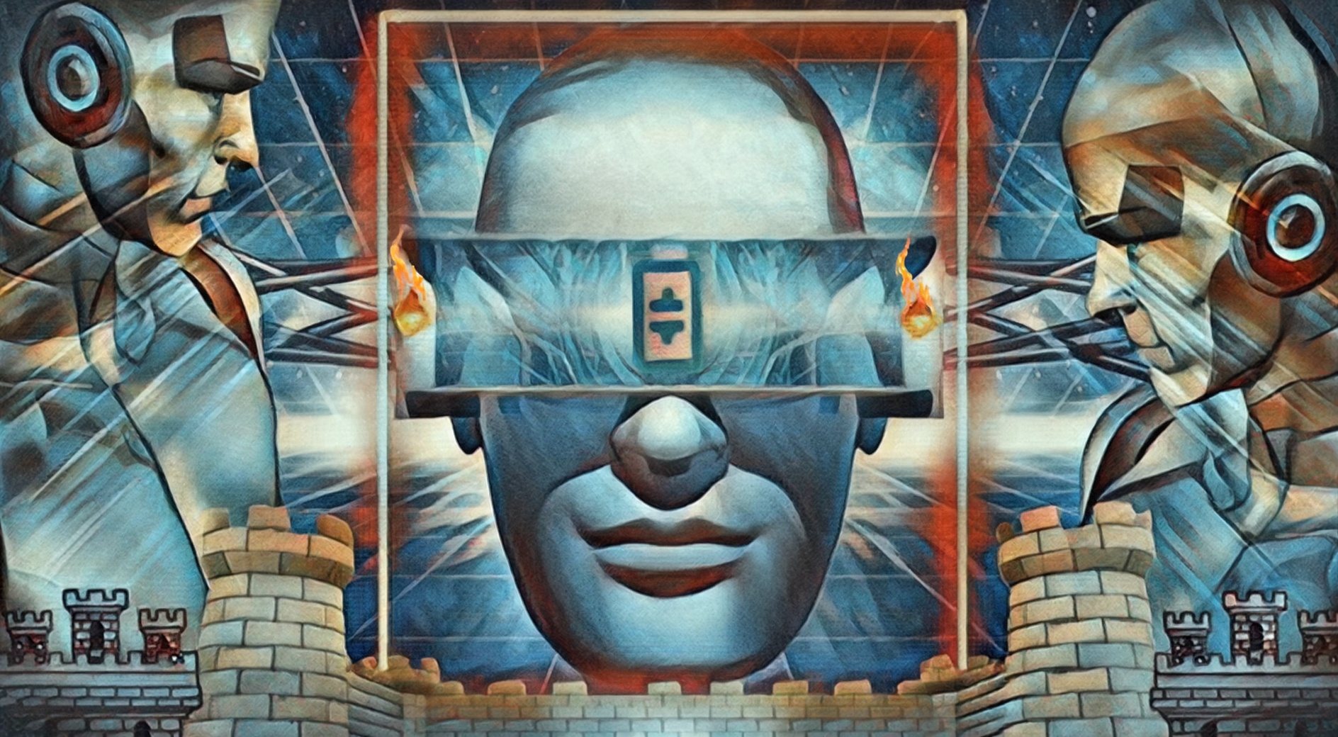 The Thetaclops: a blue face behind a Theta univisor, framed by a castle gate and flanked by two sentinels in headphones